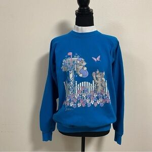 Vintage Morning Sun mock neck Kitten butterfly Pullover Sweater Blue Size Large